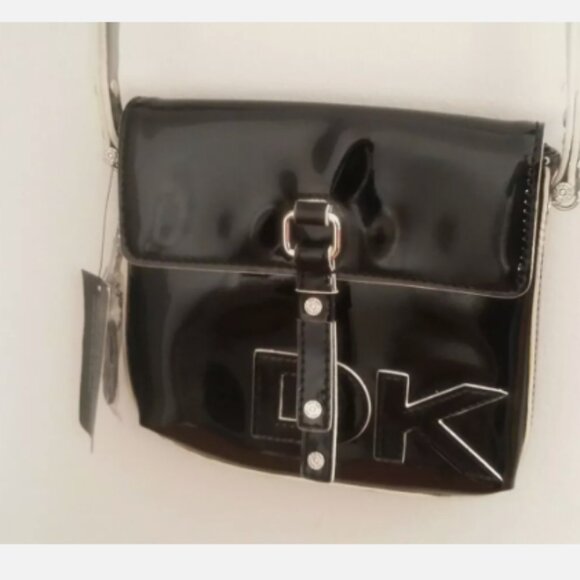 VINTAGE🏵️DKNY 90s Black White Patent Leather Crossbody Purse Bag NWT - Picture 1 of 14